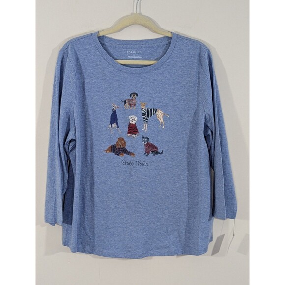 Nwt Talbots Dog Cotton T-shirt Blue Whimsical 3/4 Sleeve Casual Dog Lover Sz XL - Picture 2 of 8